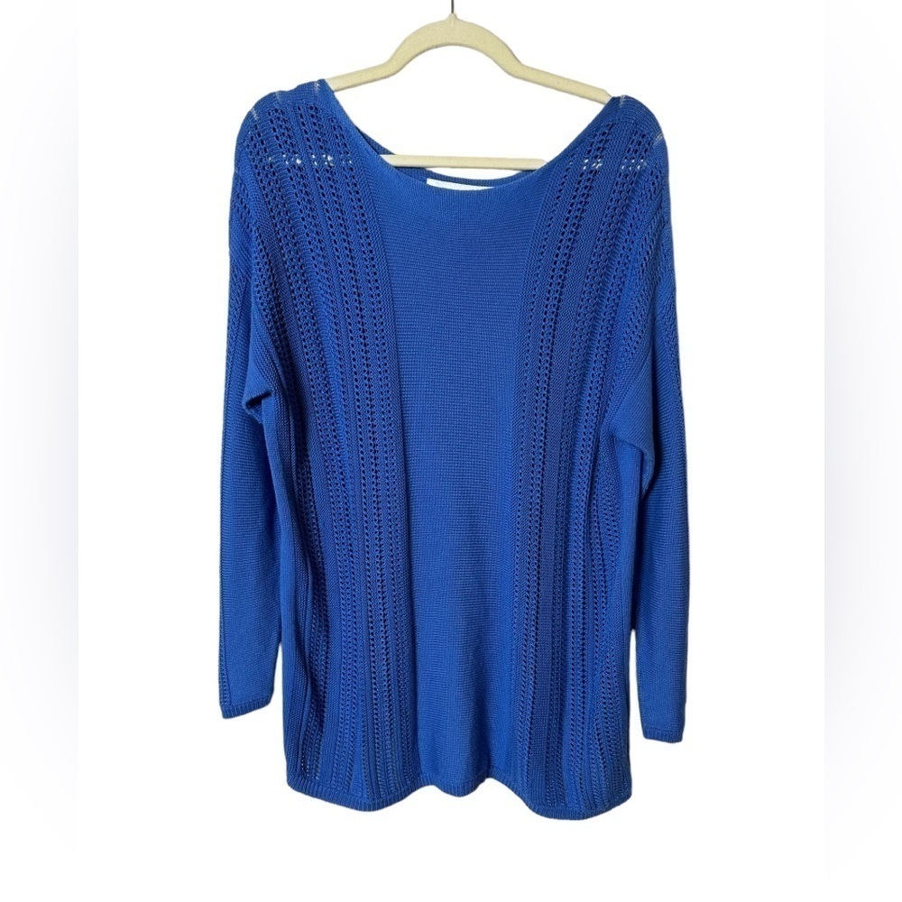 Lafayette 148 New York Blue Wide Boat Neck Crochet Mesh Knit Pullover‎ Sweater L - Picture 4 of 8